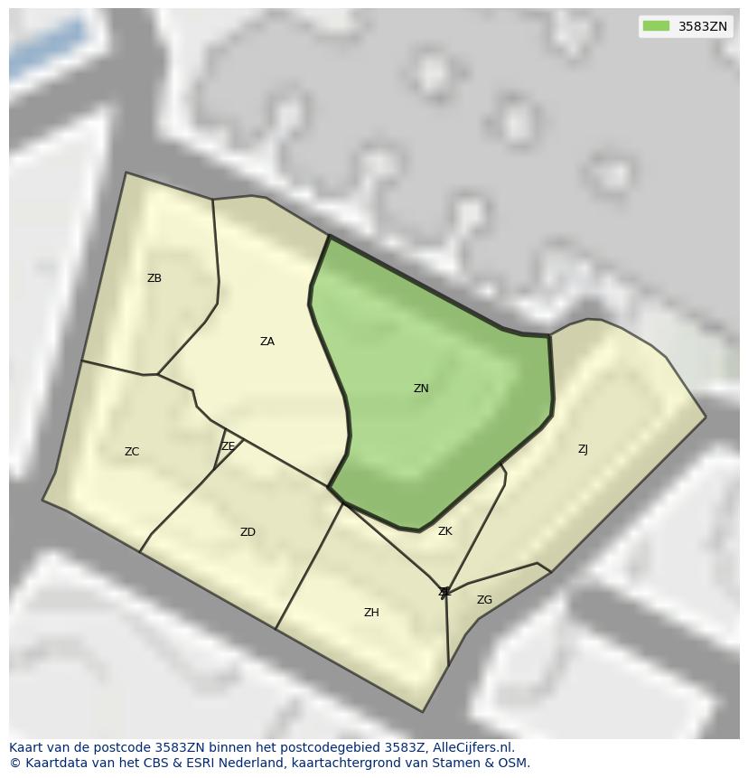 Afbeelding van het postcodegebied 3583 ZN op de kaart.