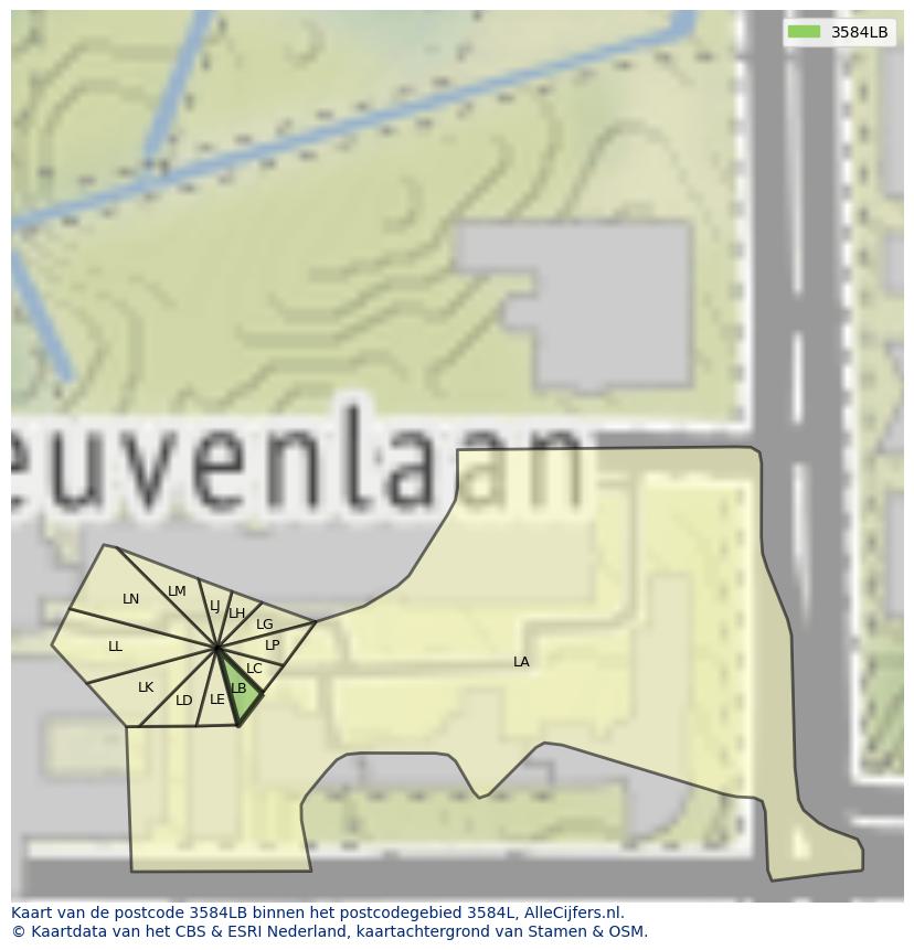 Afbeelding van het postcodegebied 3584 LB op de kaart.