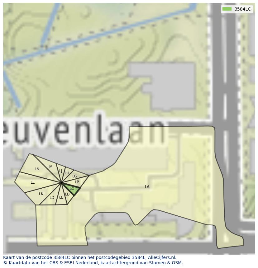 Afbeelding van het postcodegebied 3584 LC op de kaart.