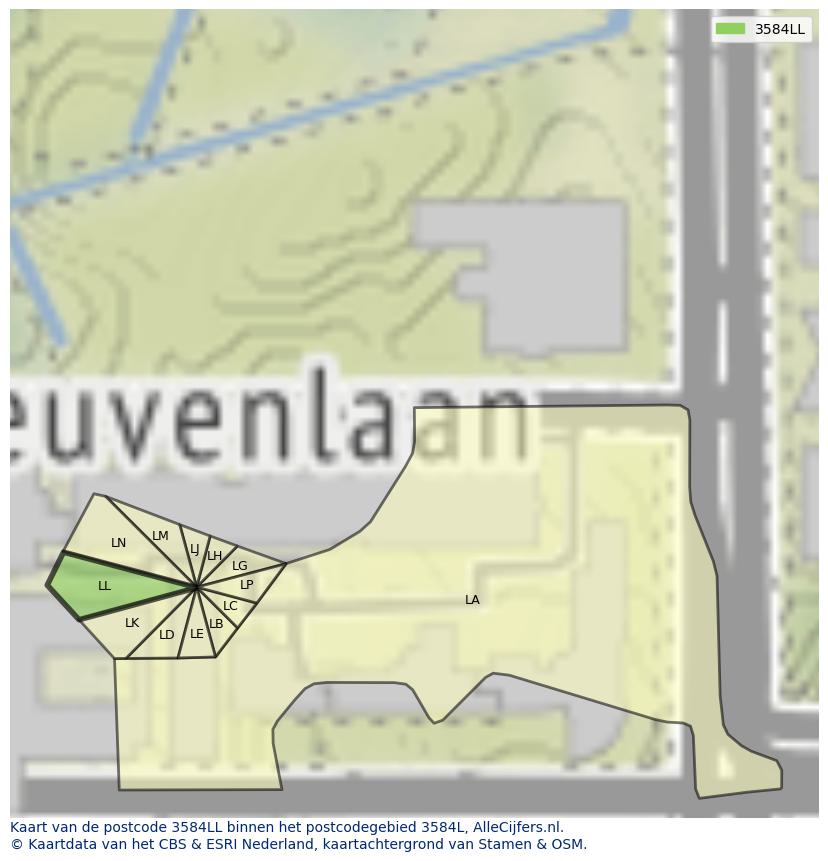 Afbeelding van het postcodegebied 3584 LL op de kaart.