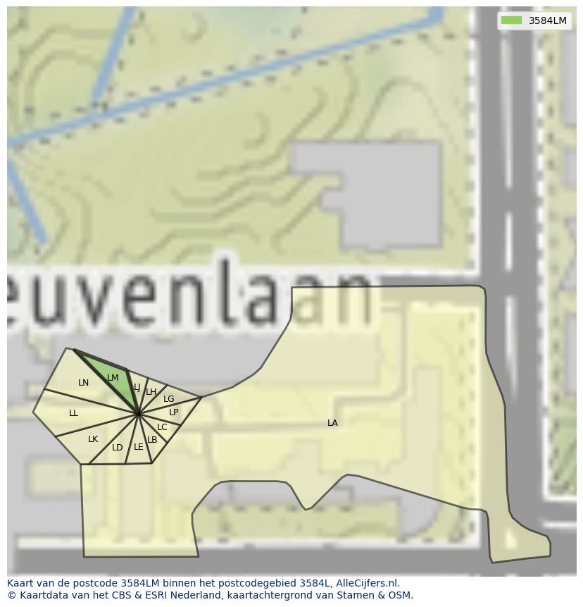 Afbeelding van het postcodegebied 3584 LM op de kaart.