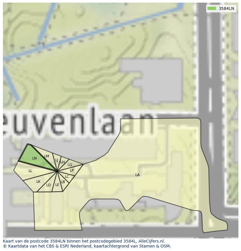 Afbeelding van het postcodegebied 3584 LN op de kaart.
