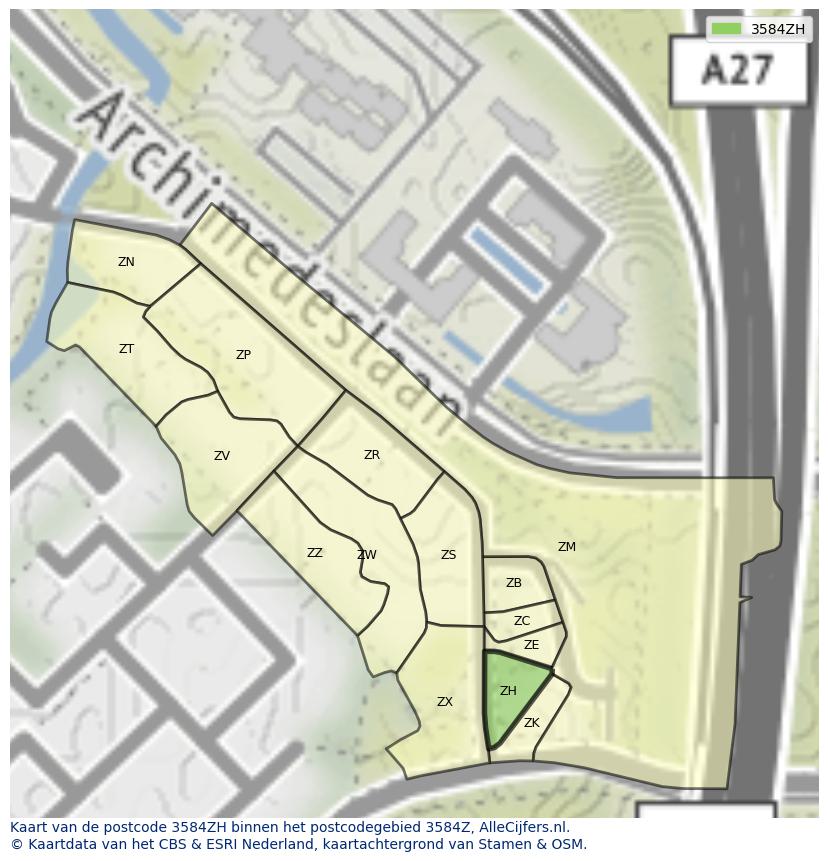 Afbeelding van het postcodegebied 3584 ZH op de kaart.