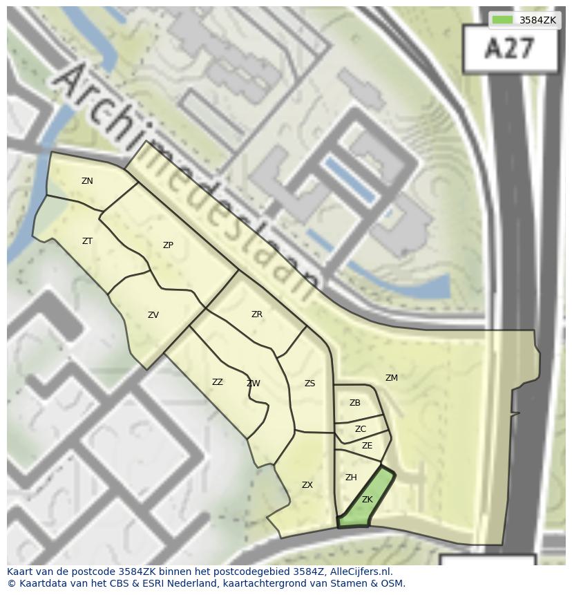 Afbeelding van het postcodegebied 3584 ZK op de kaart.