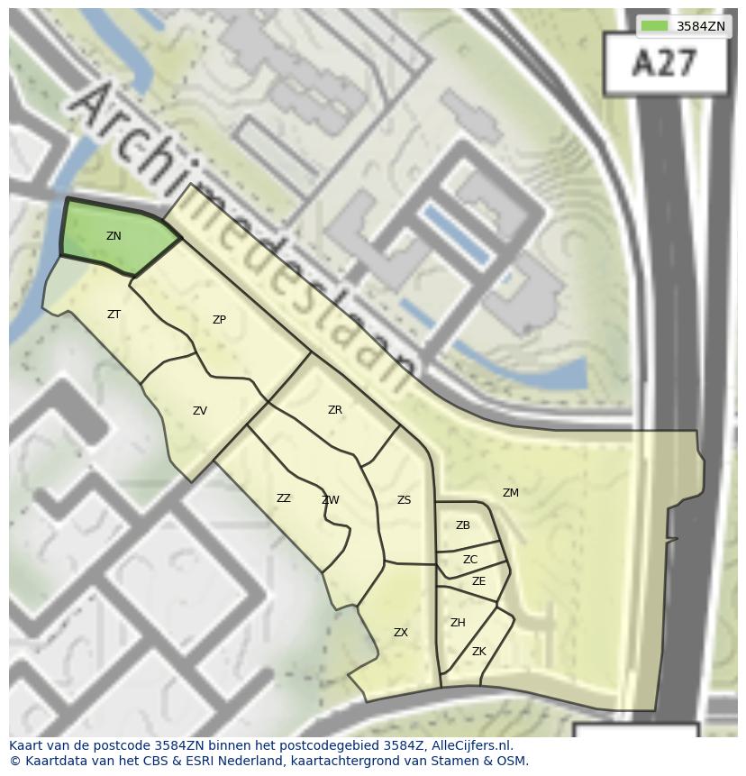 Afbeelding van het postcodegebied 3584 ZN op de kaart.