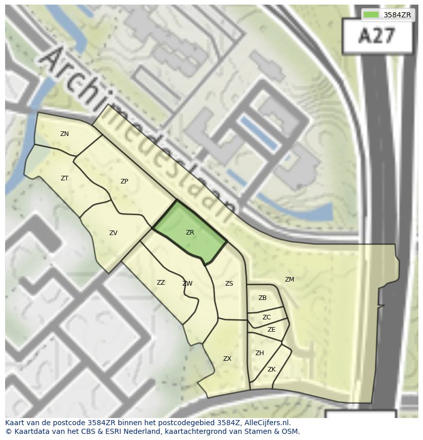 Afbeelding van het postcodegebied 3584 ZR op de kaart.