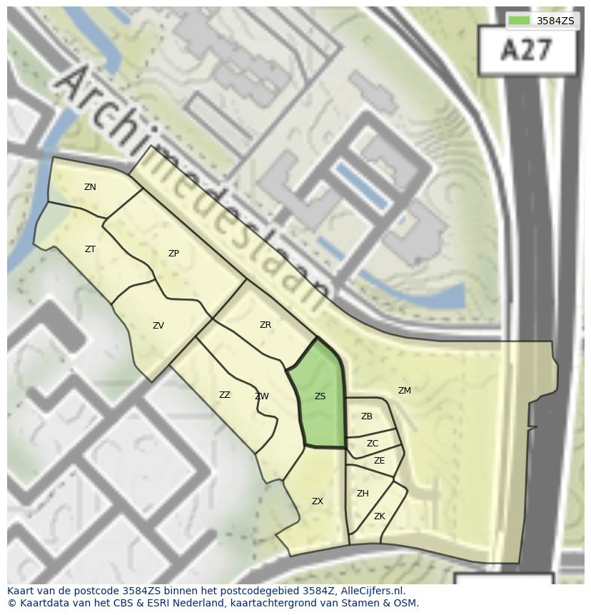 Afbeelding van het postcodegebied 3584 ZS op de kaart.