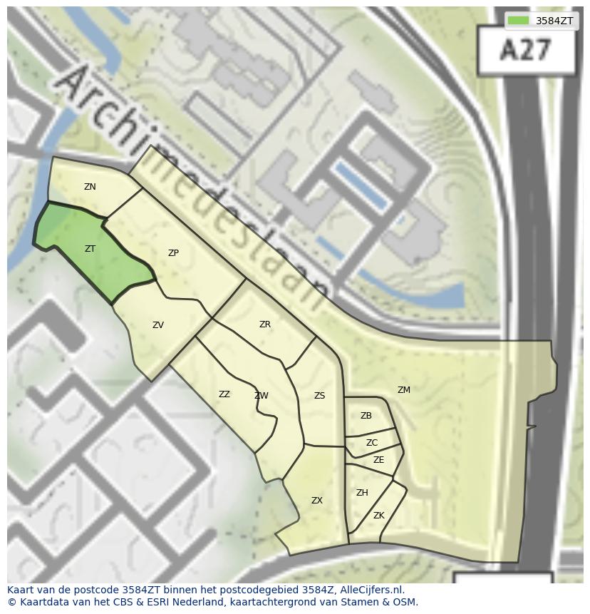 Afbeelding van het postcodegebied 3584 ZT op de kaart.