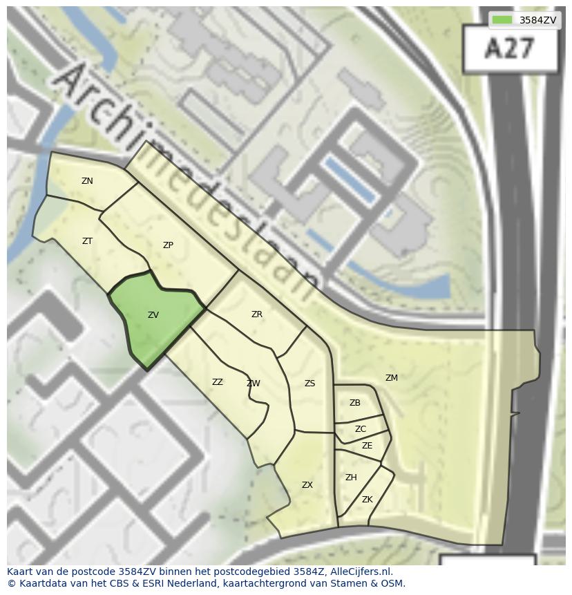 Afbeelding van het postcodegebied 3584 ZV op de kaart.