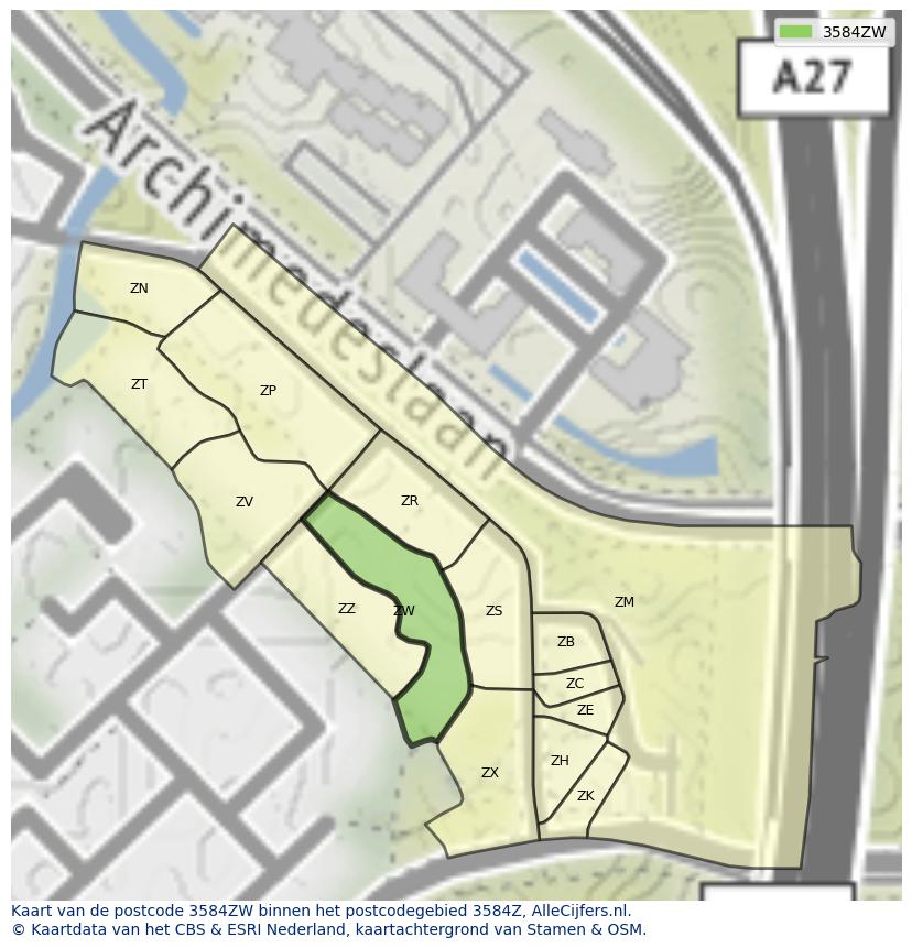 Afbeelding van het postcodegebied 3584 ZW op de kaart.