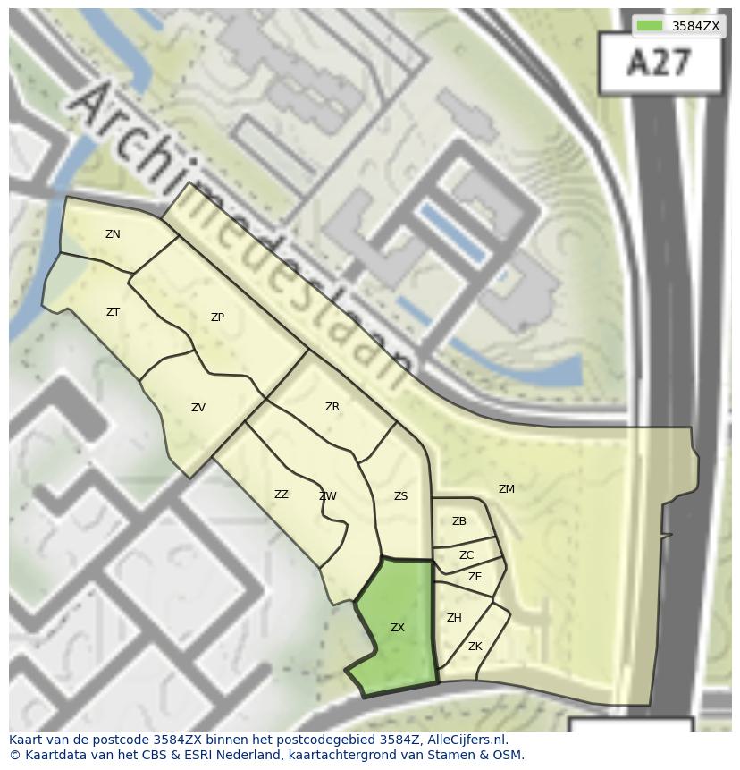 Afbeelding van het postcodegebied 3584 ZX op de kaart.