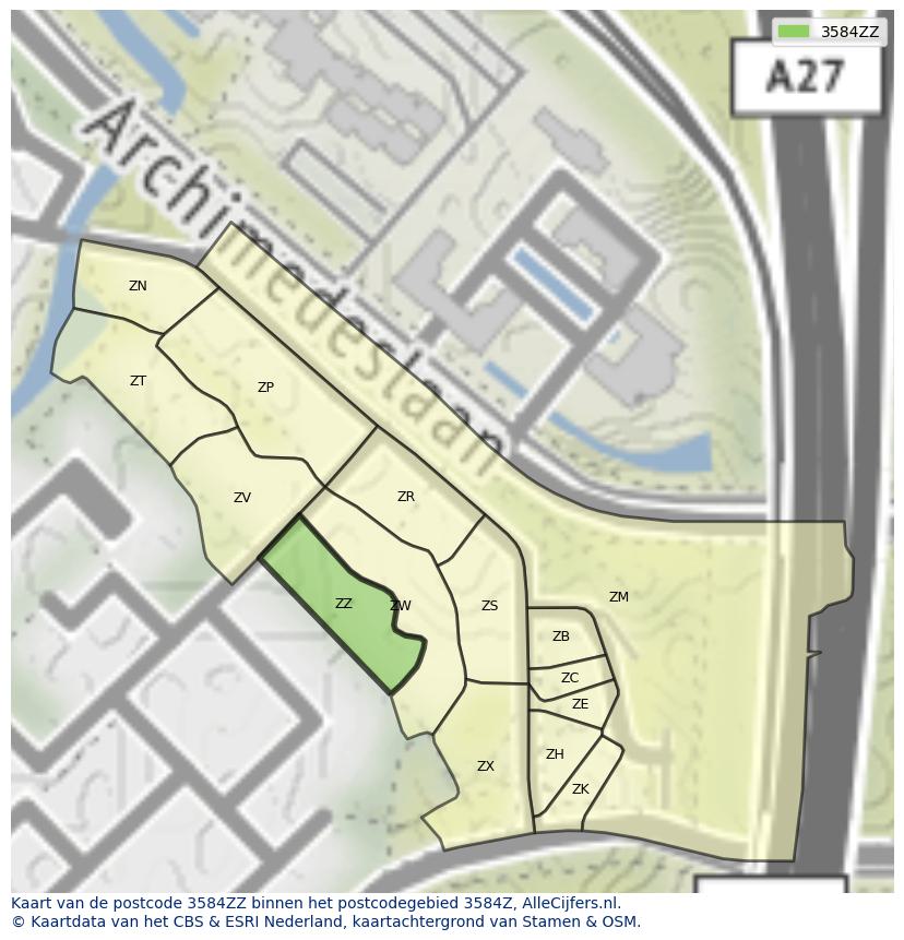 Afbeelding van het postcodegebied 3584 ZZ op de kaart.