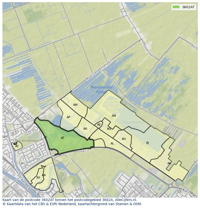 Afbeelding van het postcodegebied 3602 AT op de kaart.