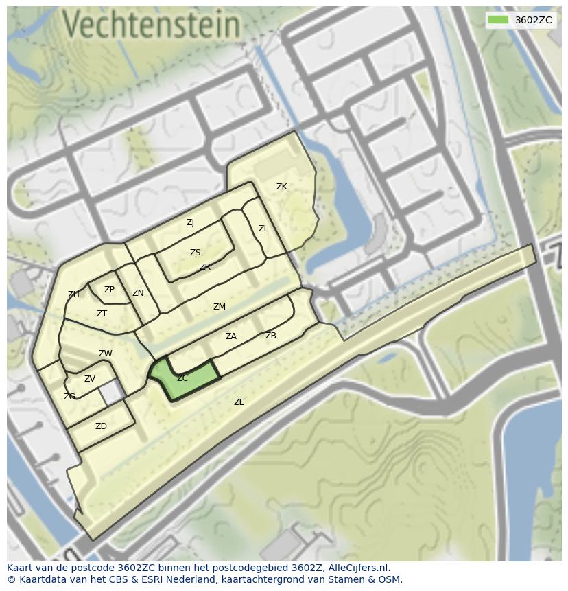 Afbeelding van het postcodegebied 3602 ZC op de kaart.