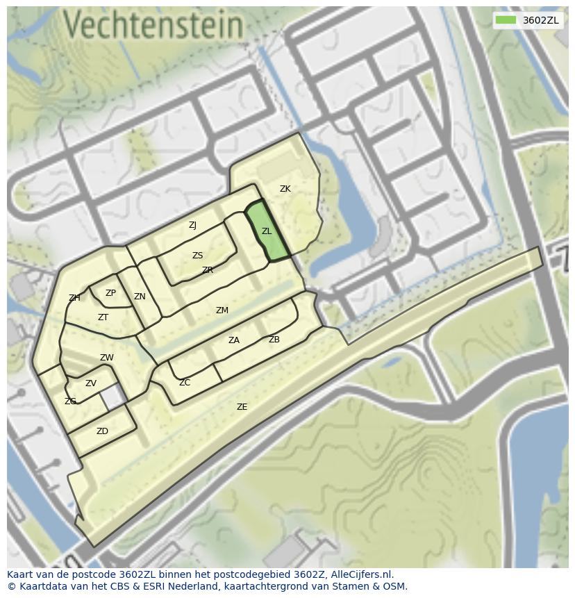 Afbeelding van het postcodegebied 3602 ZL op de kaart.
