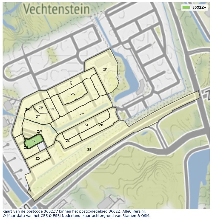 Afbeelding van het postcodegebied 3602 ZV op de kaart.
