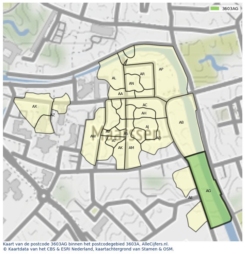 Afbeelding van het postcodegebied 3603 AG op de kaart.
