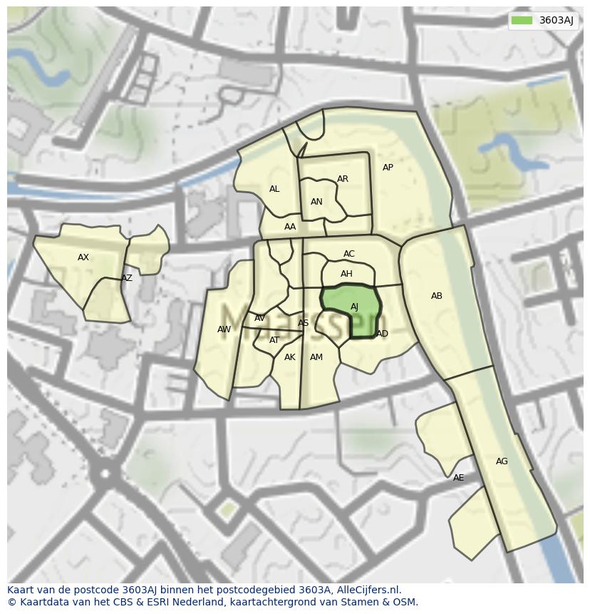 Afbeelding van het postcodegebied 3603 AJ op de kaart.