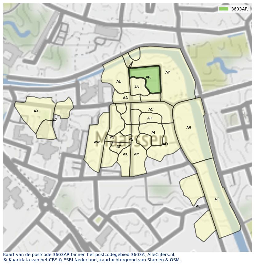 Afbeelding van het postcodegebied 3603 AR op de kaart.