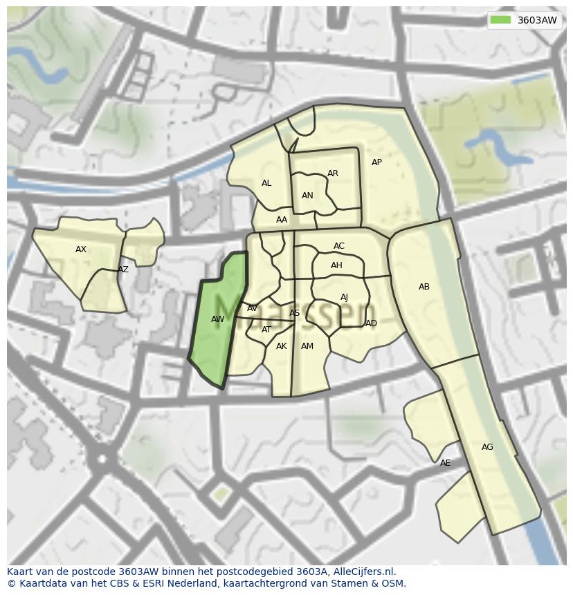 Afbeelding van het postcodegebied 3603 AW op de kaart.