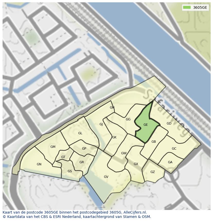 Afbeelding van het postcodegebied 3605 GE op de kaart.