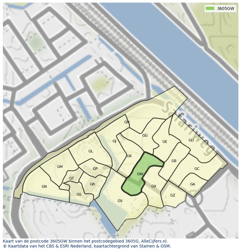 Afbeelding van het postcodegebied 3605 GW op de kaart.