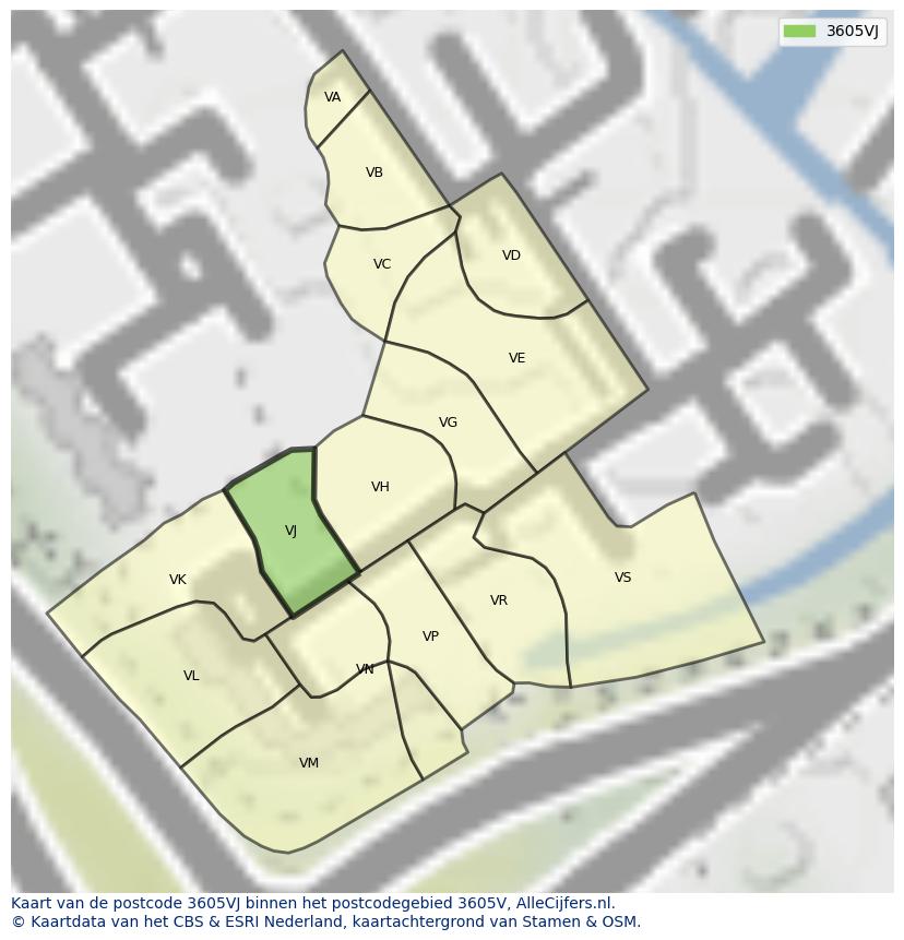 Afbeelding van het postcodegebied 3605 VJ op de kaart.