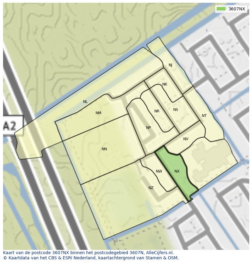 Afbeelding van het postcodegebied 3607 NX op de kaart.