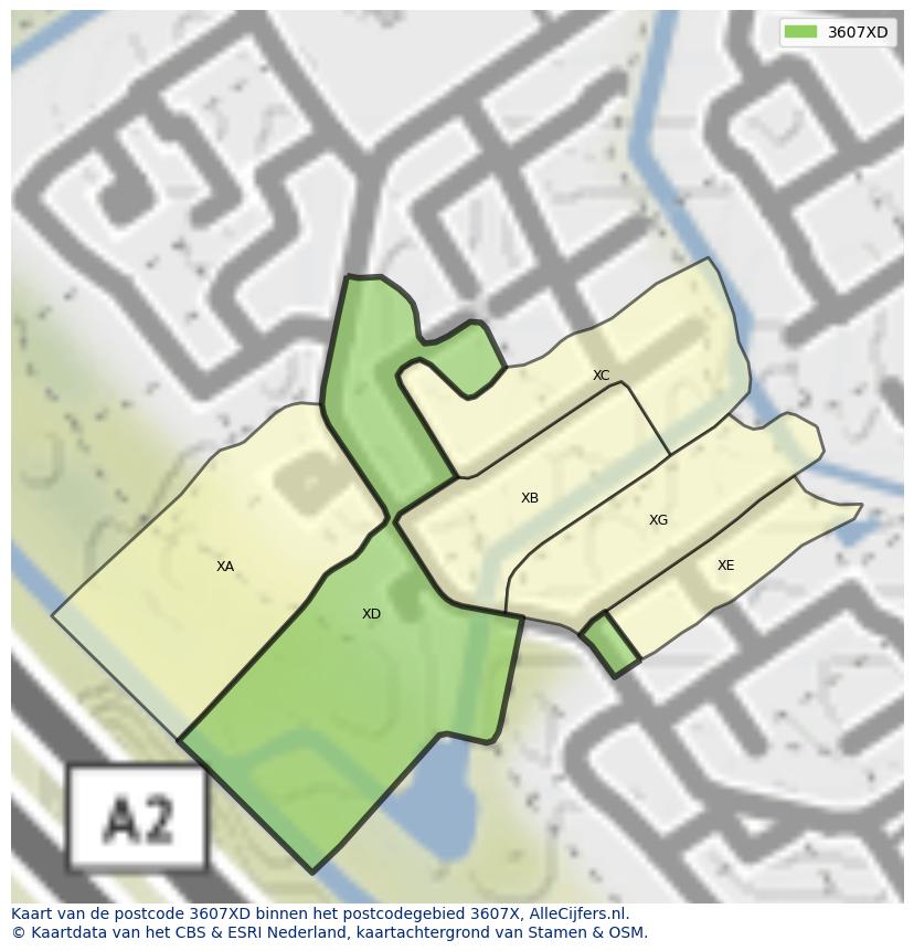 Afbeelding van het postcodegebied 3607 XD op de kaart.
