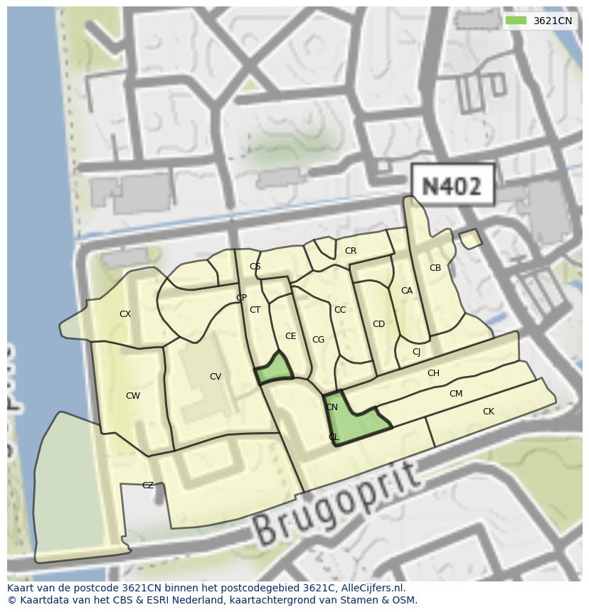 Afbeelding van het postcodegebied 3621 CN op de kaart.