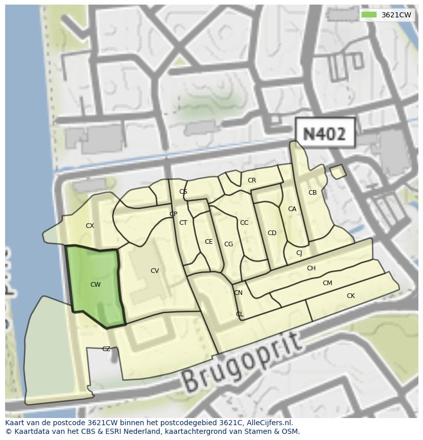 Afbeelding van het postcodegebied 3621 CW op de kaart.