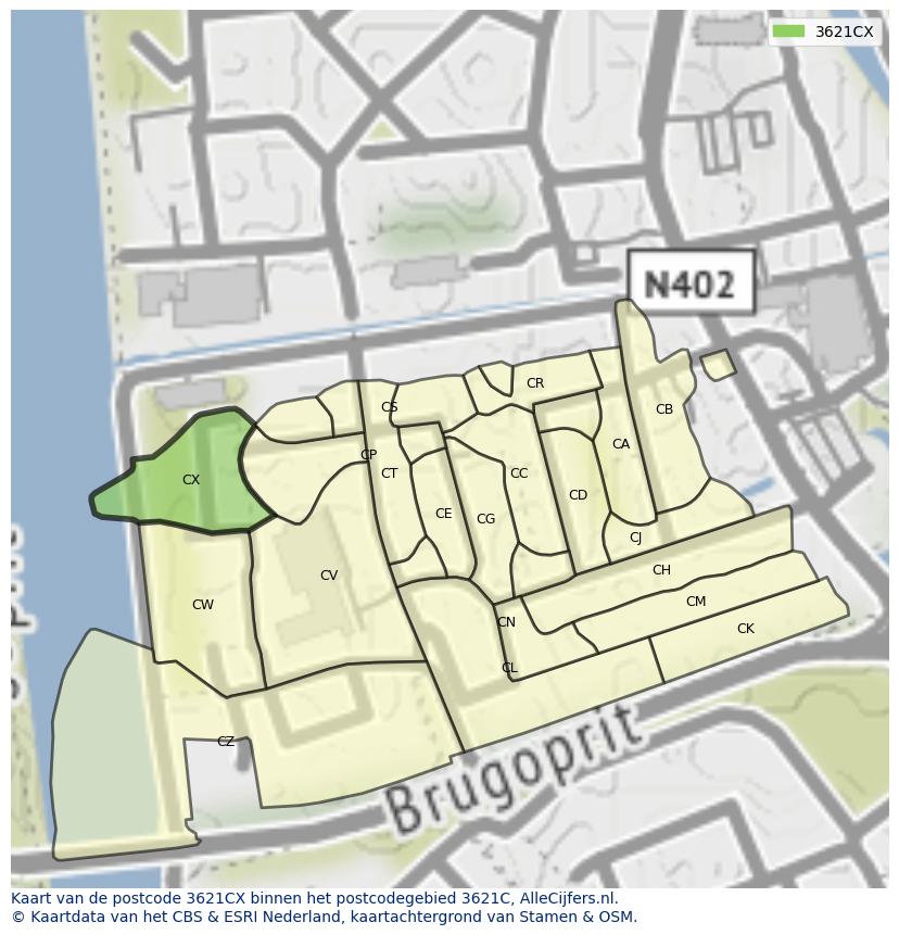 Afbeelding van het postcodegebied 3621 CX op de kaart.