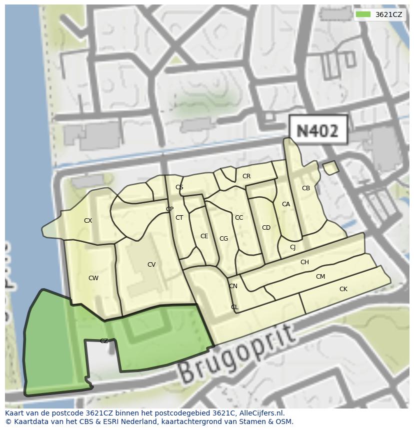 Afbeelding van het postcodegebied 3621 CZ op de kaart.