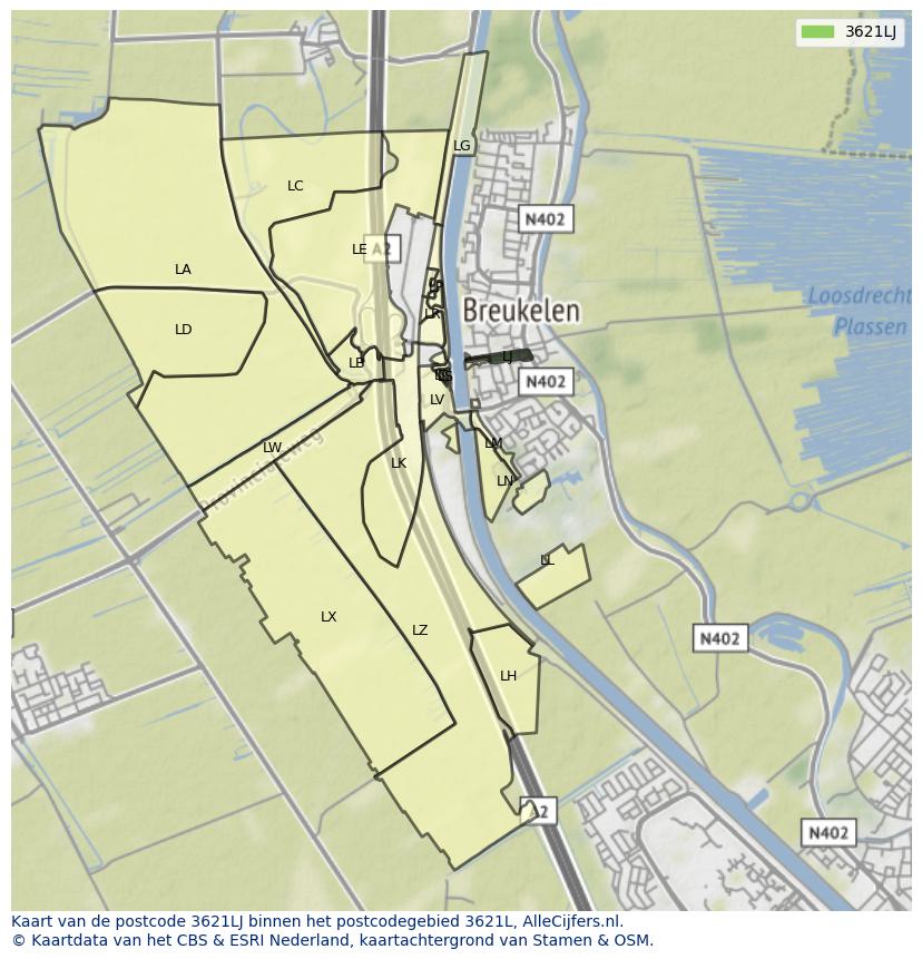 Afbeelding van het postcodegebied 3621 LJ op de kaart.