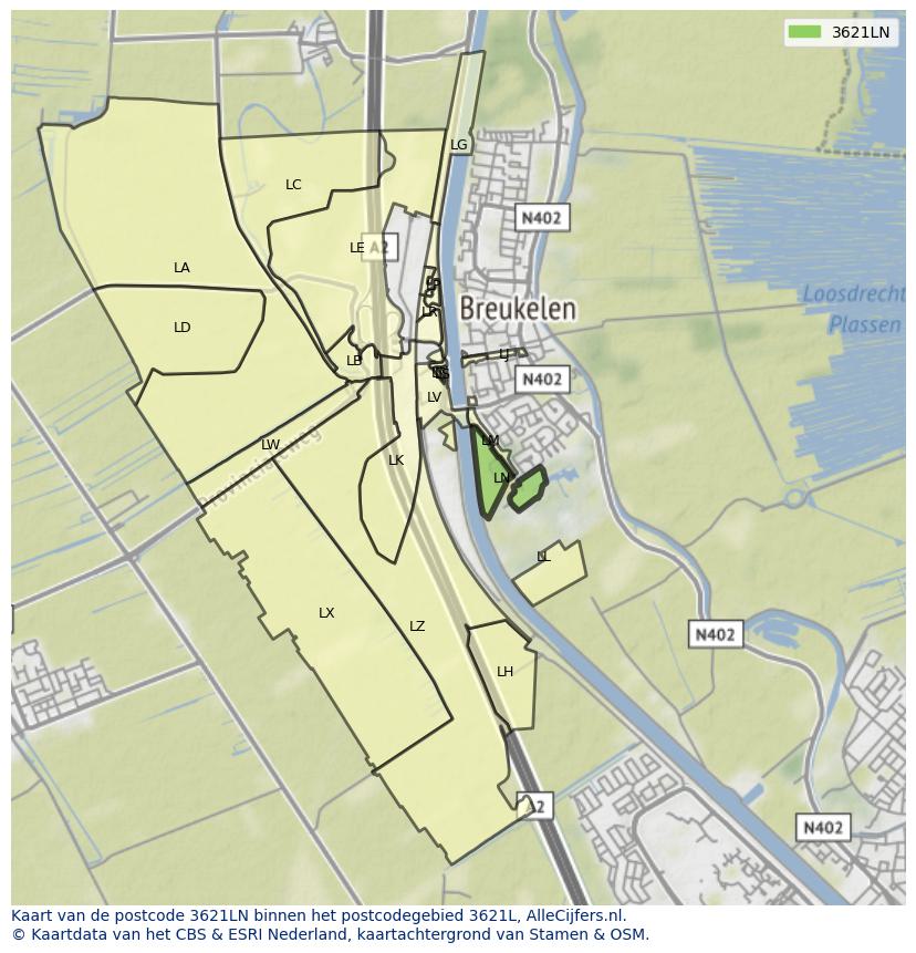 Afbeelding van het postcodegebied 3621 LN op de kaart.