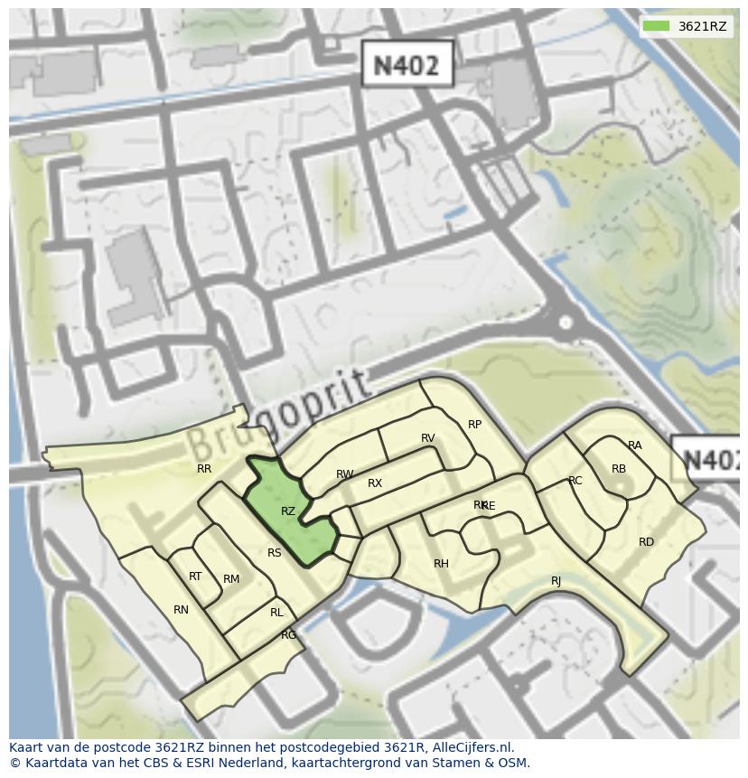 Afbeelding van het postcodegebied 3621 RZ op de kaart.