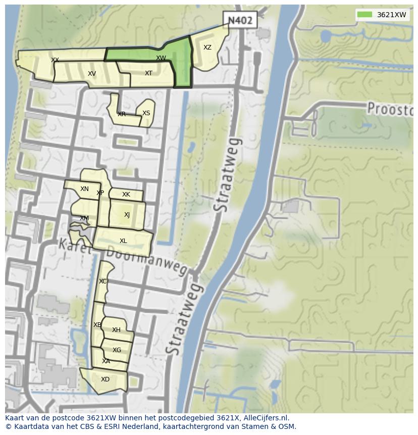 Afbeelding van het postcodegebied 3621 XW op de kaart.