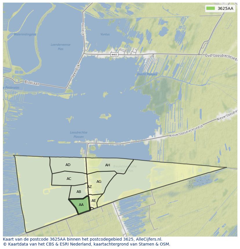 Afbeelding van het postcodegebied 3625 AA op de kaart.