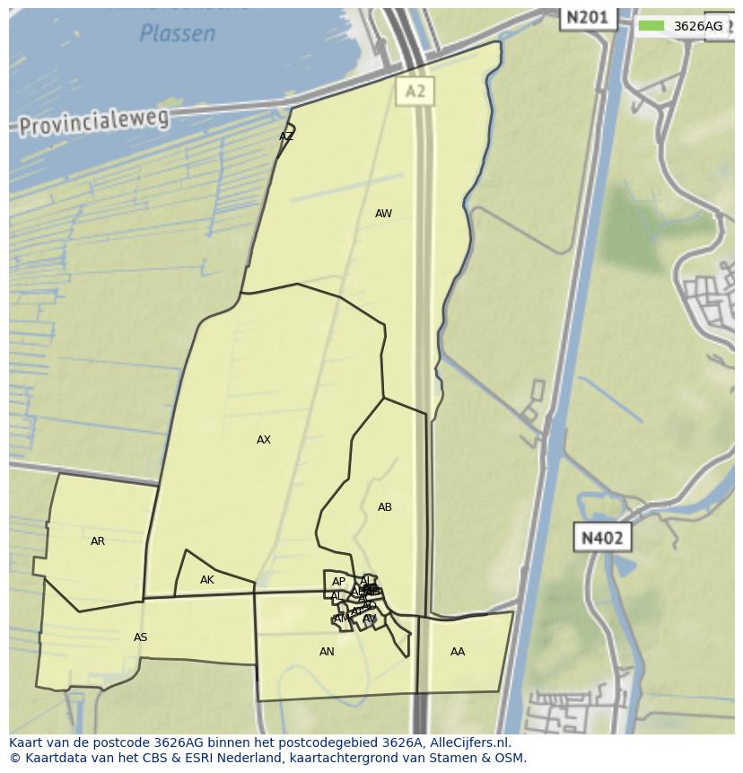 Afbeelding van het postcodegebied 3626 AG op de kaart.