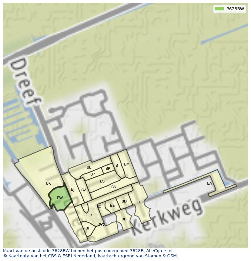 Afbeelding van het postcodegebied 3628 BW op de kaart.