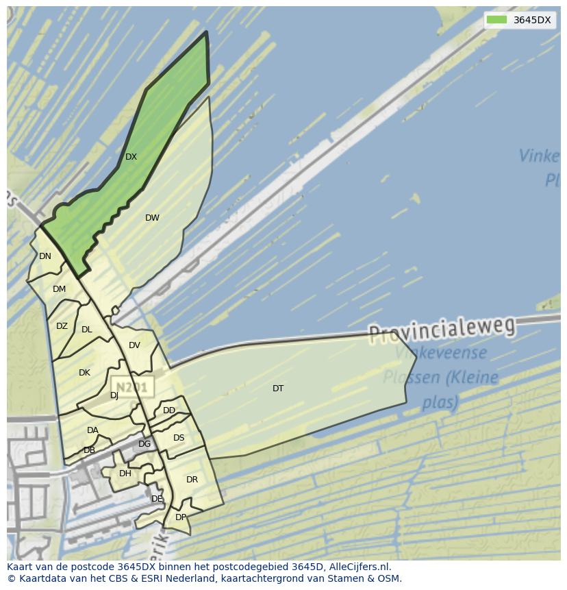 Afbeelding van het postcodegebied 3645 DX op de kaart.