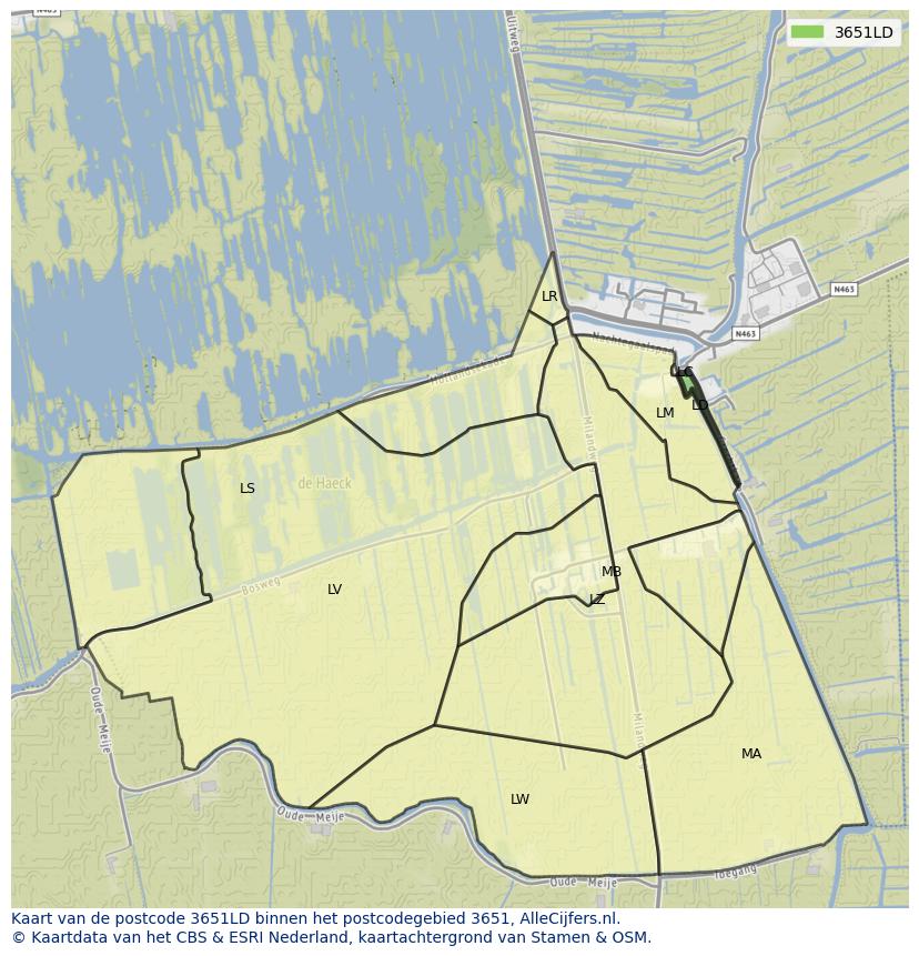 Afbeelding van het postcodegebied 3651 LD op de kaart.