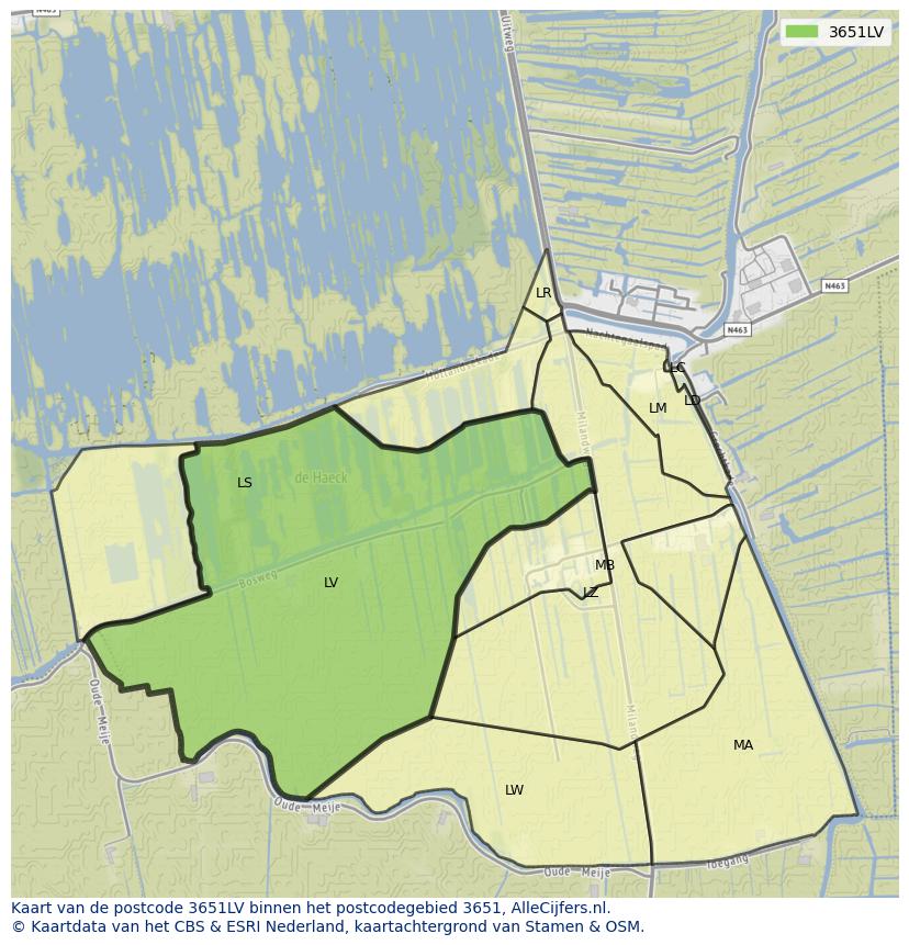 Afbeelding van het postcodegebied 3651 LV op de kaart.