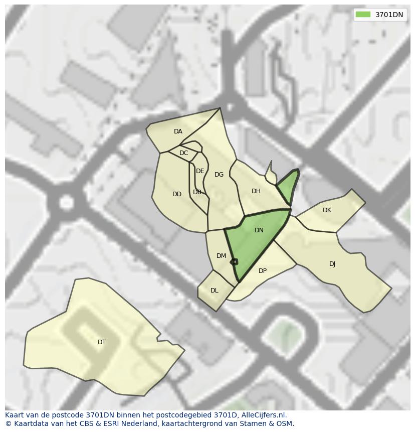Afbeelding van het postcodegebied 3701 DN op de kaart.