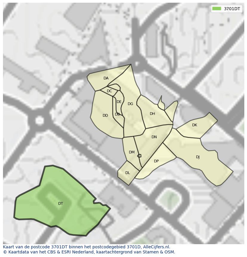 Afbeelding van het postcodegebied 3701 DT op de kaart.