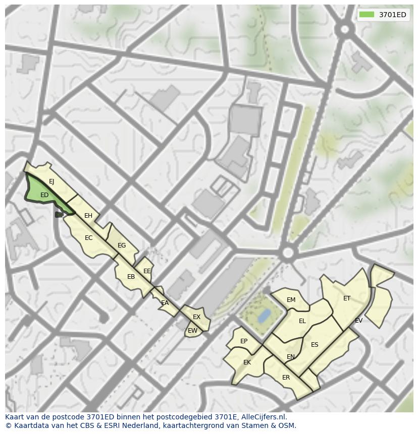 Afbeelding van het postcodegebied 3701 ED op de kaart.