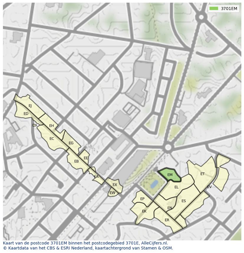 Afbeelding van het postcodegebied 3701 EM op de kaart.