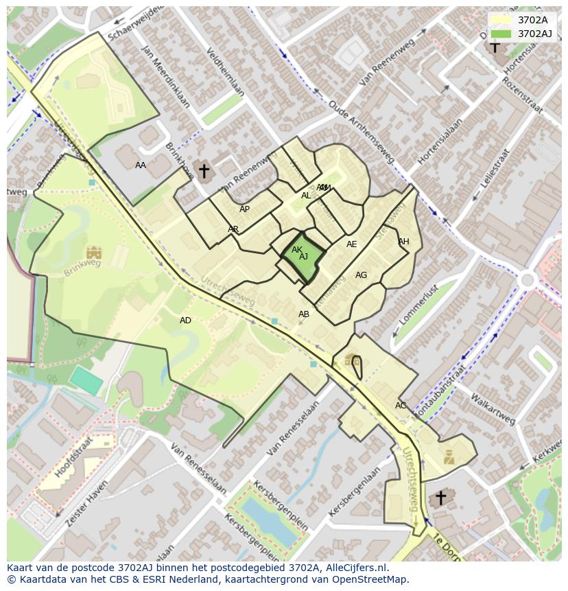 Afbeelding van het postcodegebied 3702 AJ op de kaart.