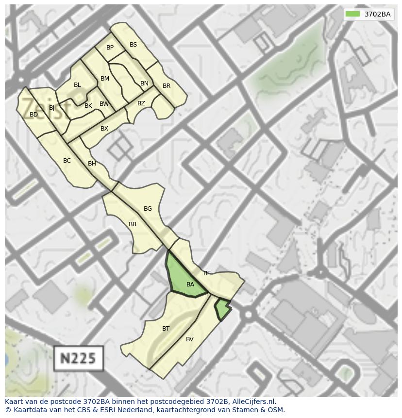 Afbeelding van het postcodegebied 3702 BA op de kaart.