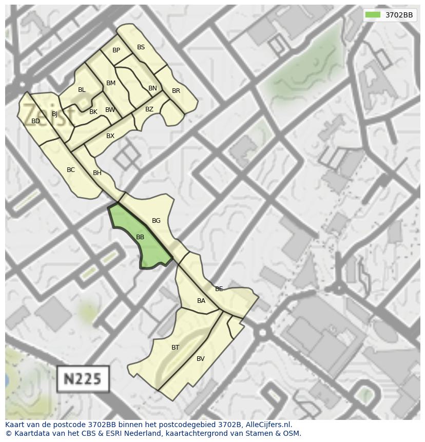 Afbeelding van het postcodegebied 3702 BB op de kaart.